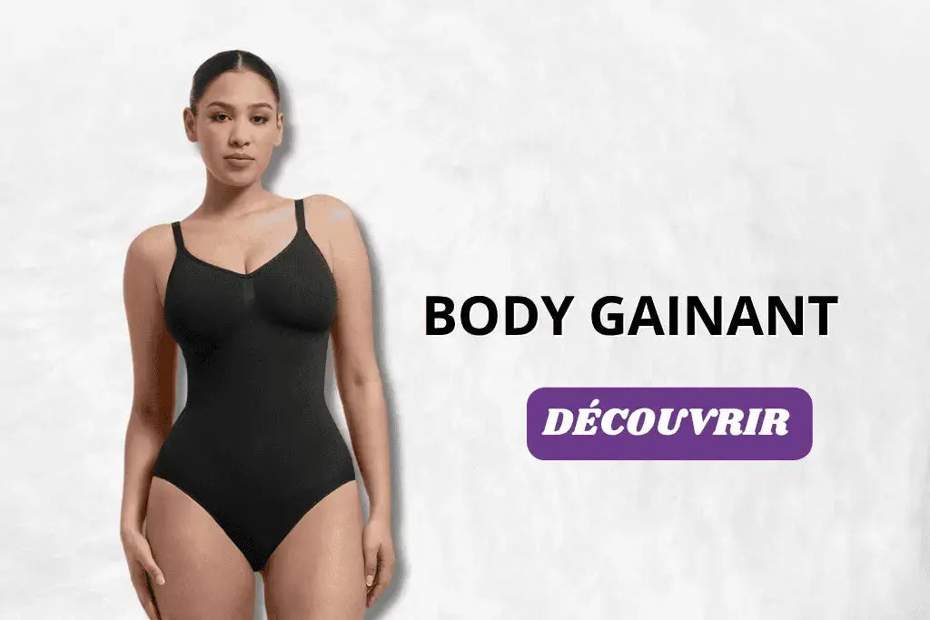 Femme portant un body gainant noir sculptant, mettant en valeur l’effet ventre plat, le maintien de la taille et une silhouette lissée sous les vêtements