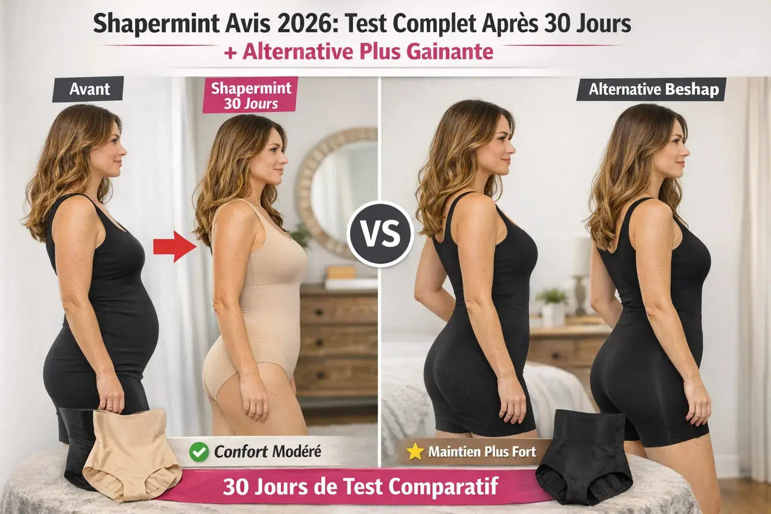 Femme portant une gaine Shapermint et un short gainant Beshap, comparaison silhouette