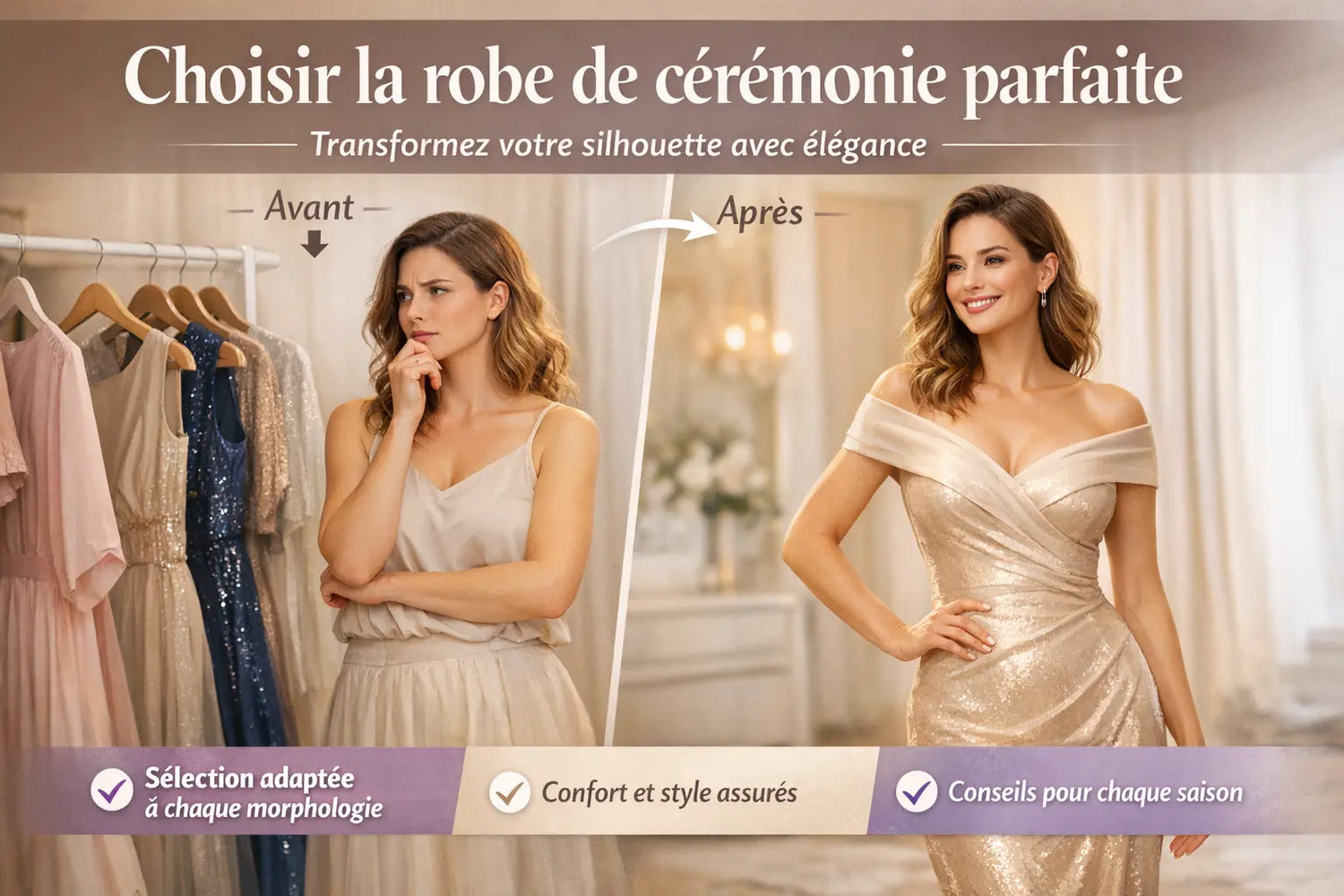 Femme comparant des robes avant et après transformation avec une robe de cérémonie élégante adaptée à sa morphologie, mettant en valeur la silhouette avec style et confort