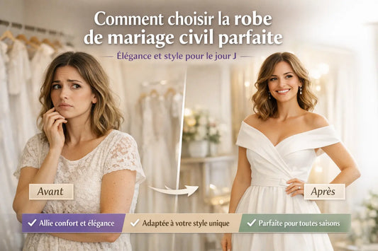 Femme hésitante essayant une robe de mariage civil puis transformée en version élégante et rayonnante avec une robe parfaitement adaptée à son style et sa silhouette