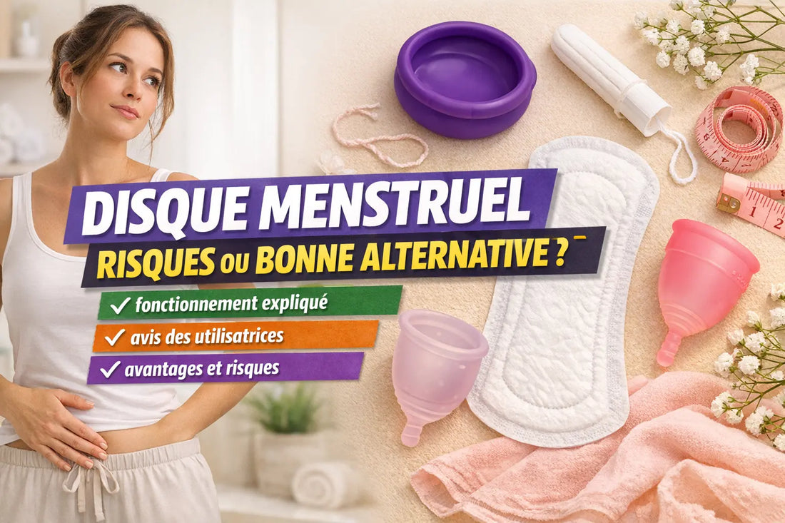 Femme touchant son ventre dans une salle de bain avec disque menstruel, tampon, serviette hygiénique et coupe menstruelle illustrant la question : disque menstruel risques ou bonne alternative.