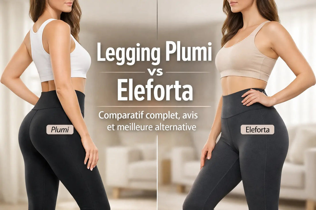 Comparaison entre Legging Plumi et Eleforta porté par deux femmes, montrant le rendu de la silhouette, le maintien et la coupe sous différents angles