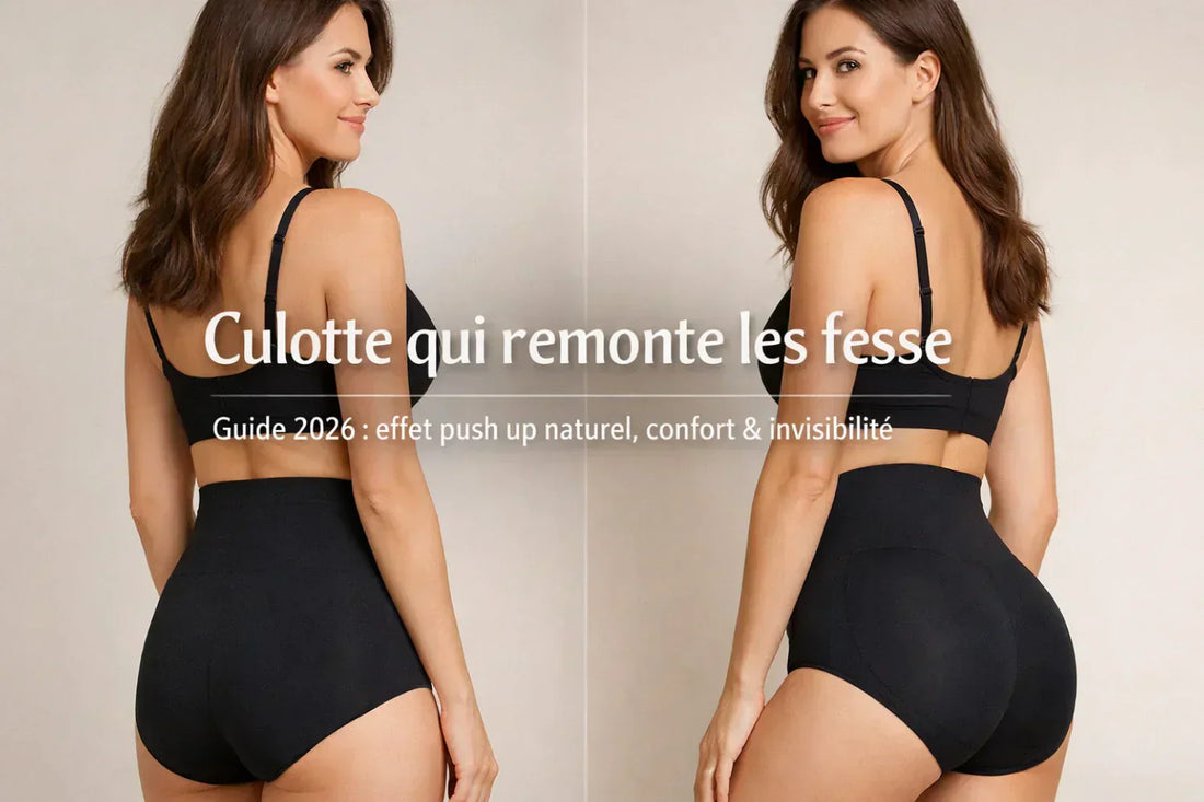 Femme portant une culotte qui remonte les fesse noire taille haute avec effet push up naturel et ventre plat, comparaison silhouette avant après.