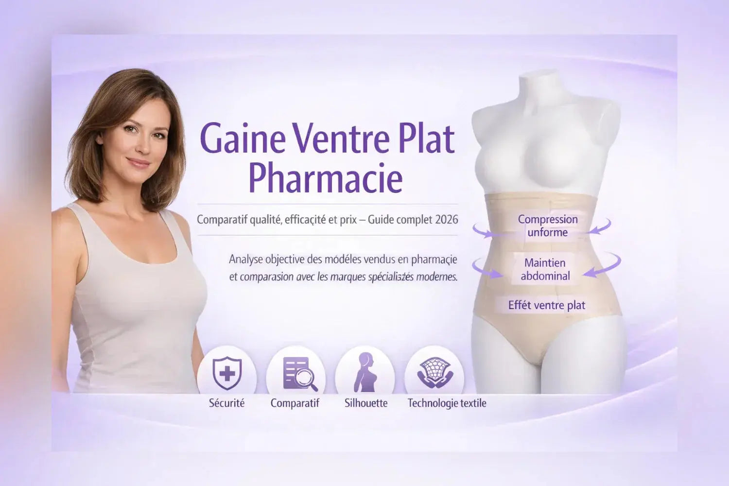 Infographie couverture “Gaine Ventre Plat Pharmacie” montrant une femme et un mannequin avec zones de compression ventre et taille, comparatif qualité efficacité prix 2026.
