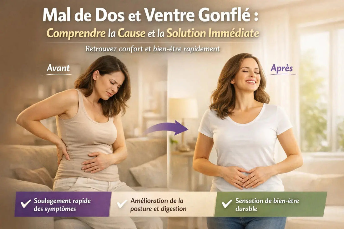 Femme avant et après transformation montrant soulagement du mal de dos et ventre gonflé, amélioration de la posture et du confort quotidien