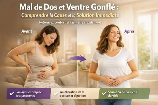 Femme avant et après transformation montrant soulagement du mal de dos et ventre gonflé, amélioration de la posture et du confort quotidien