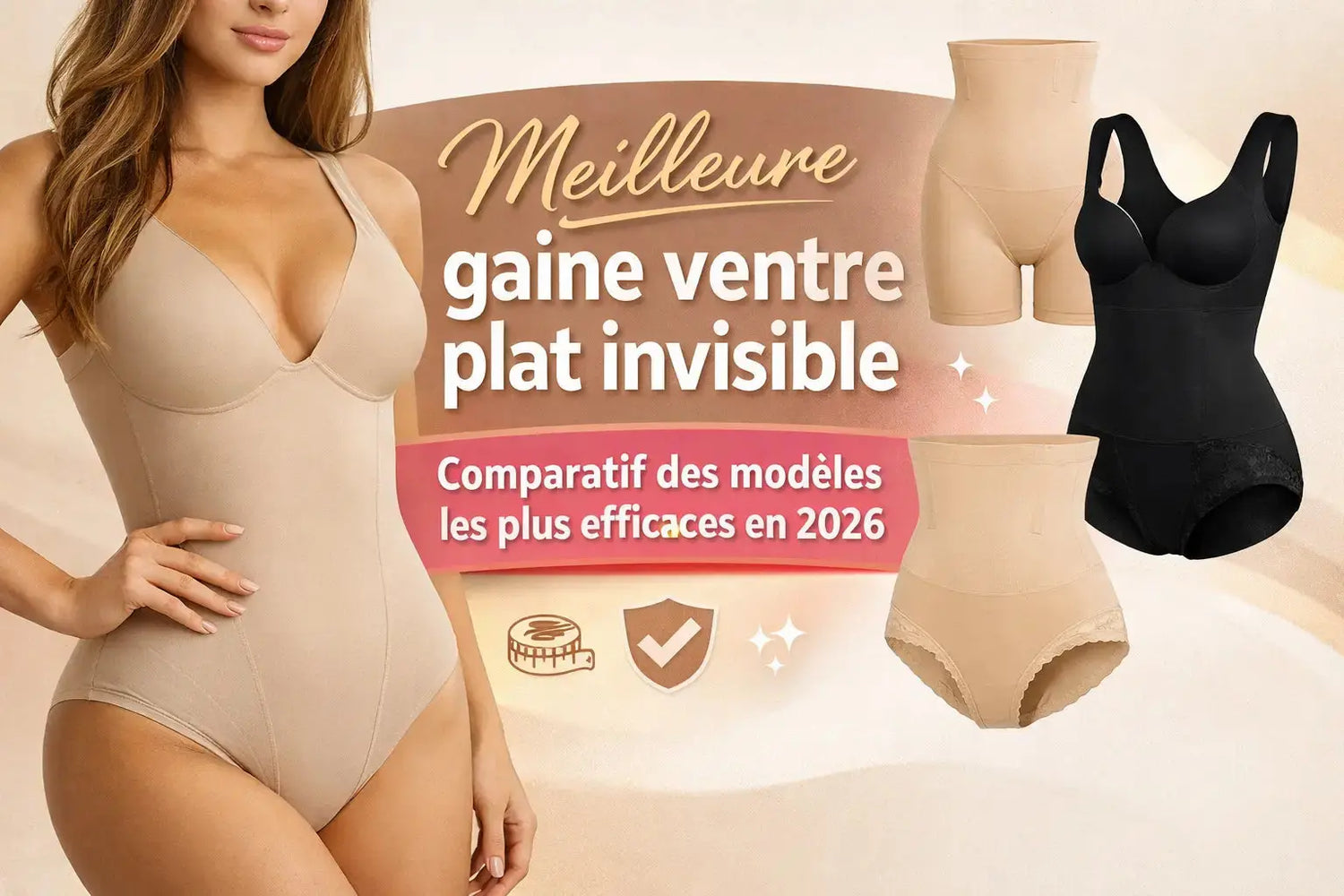 Gaine ventre plat invisible femme avec body gainant beige et short gainant, comparatif des modèles efficaces pour lisser le ventre sans démarcation