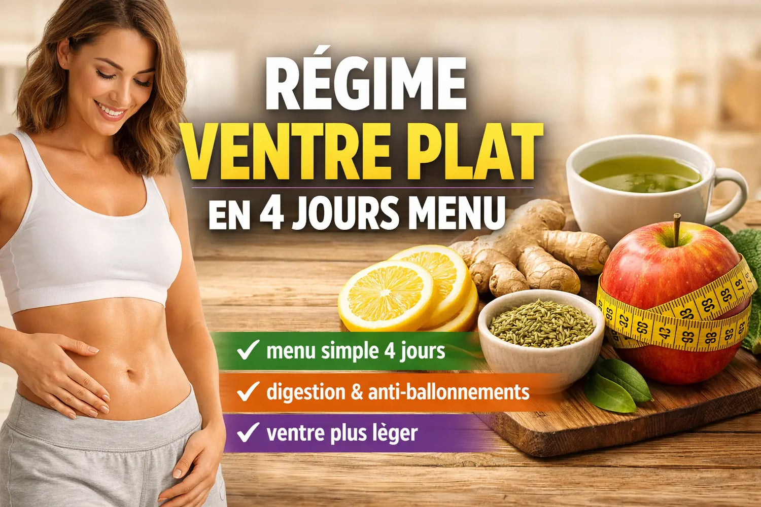 Femme avec ventre plat touchant son abdomen à côté d’aliments digestifs naturels comme citron, gingembre, thé vert et fenouil illustrant un régime ventre plat en 4 jours menu pour réduire les ballonnements et améliorer la digestion.