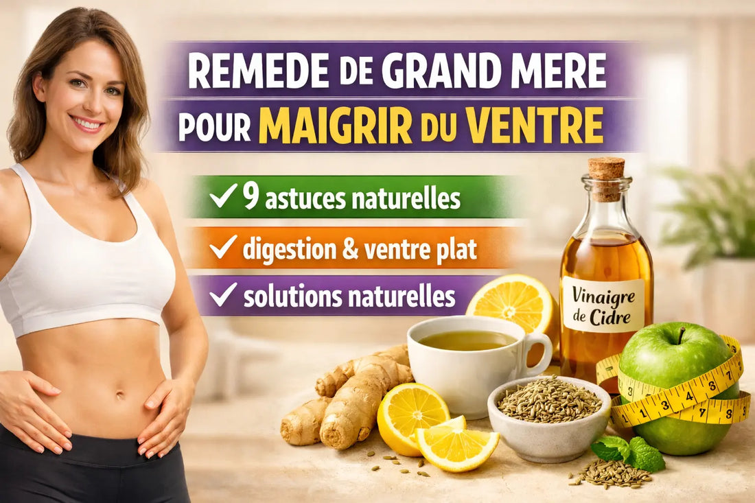 Illustration des remedes de grand mere pour maigrir du ventre avec citron, gingembre, vinaigre de cidre, thé vert et femme touchant son ventre pour illustrer les astuces naturelles.