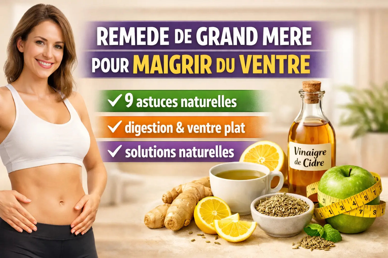 Illustration des remedes de grand mere pour maigrir du ventre avec citron, gingembre, vinaigre de cidre, thé vert et femme touchant son ventre pour illustrer les astuces naturelles.