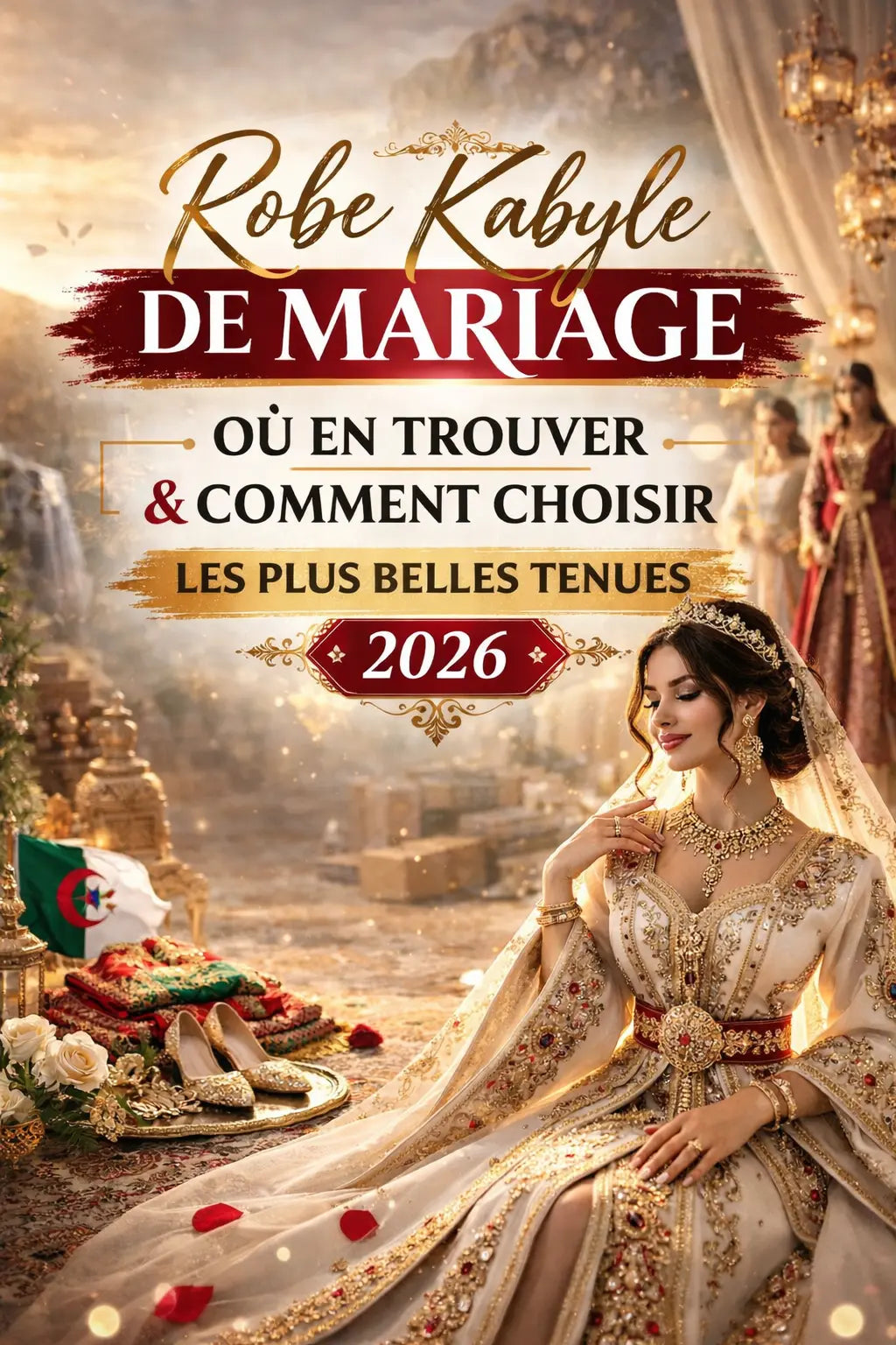 Femme en robe kabyle de mariage ivoire et or, assise dans un décor traditionnel élégant, avec texte “Robe Kabyle de Mariage : où en trouver & comment choisir les plus belles tenues 2026”.