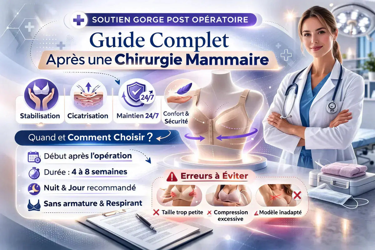 médecin présentant un guide complet sur le soutien gorge post opératoire après chirurgie mammaire, montrant stabilisation, cicatrisation, choix du modèle et erreurs à éviter