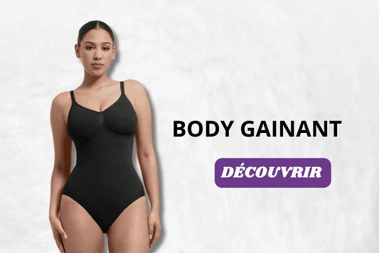 Femme portant un body gainant noir sculptant, mettant en valeur l’effet ventre plat, le maintien de la taille et une silhouette lissée sous les vêtements