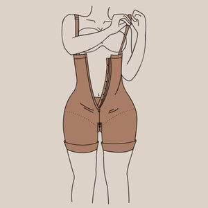 Schéma d’un corps mettant son short gainant à forte compression avec bretelles.