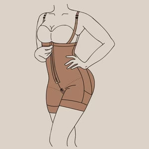 Schéma d’un corps fermant son short gainant à forte compression avec un effet ventre plat.