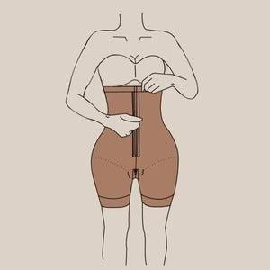 Schéma d’un corps fermant son short gainant à forte compression sans bretelles.