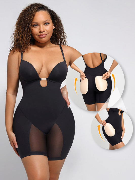 Wholesale Plunge Low-Back Mid-Thigh Shapewear With Removable Butt And Hips Pads